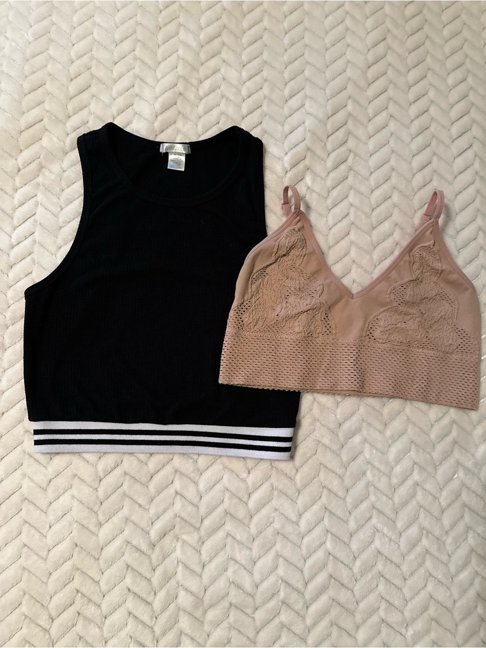Bozzolo Black Ribbed Cropped Tank with White Striped Hem and Beige Bralette